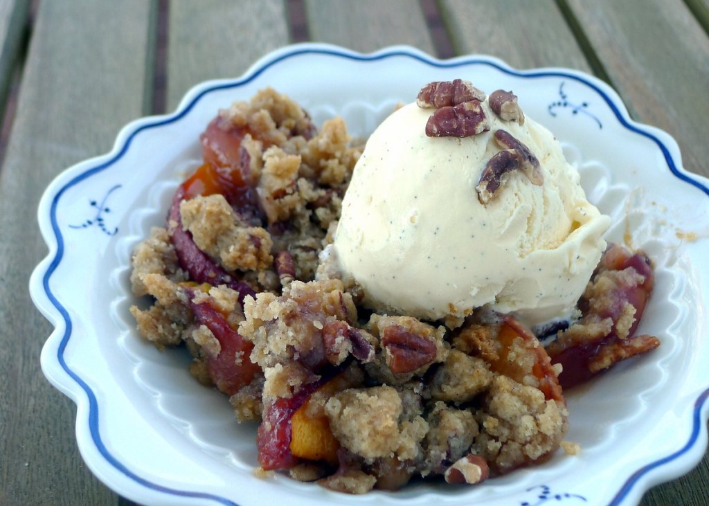 Bourbon Pecan Peach Crisp with Ice Cream